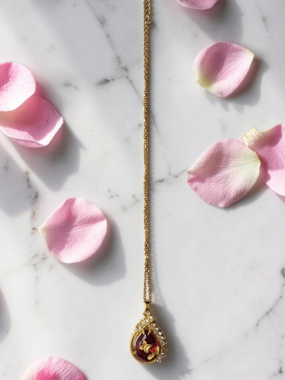 18K Gold Plated Ruby Red Zircon Teardrop Pendant Necklace